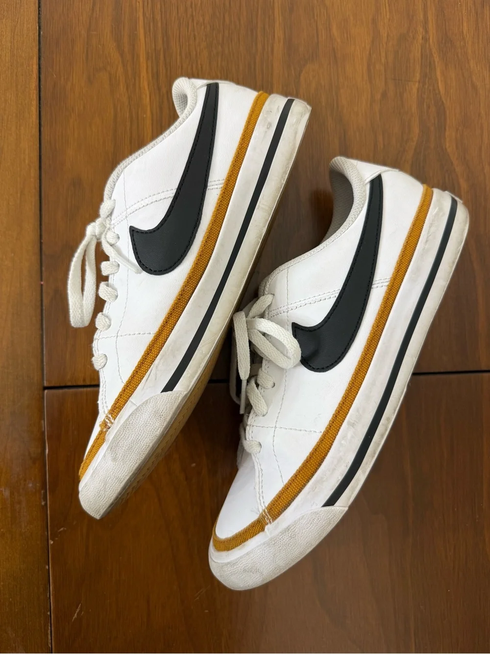 {5Y} Nike Court Legacy White Black & Gold Low-Top Sneakers